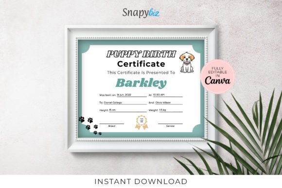 Download Puppy Birth Certificate Canva Template - Puppy Collection