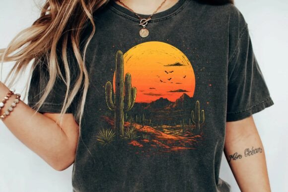 Download Vintage Desert Sunset Cactus Mountain Retro Graphic T-Shirt Design Png - Graph Collection